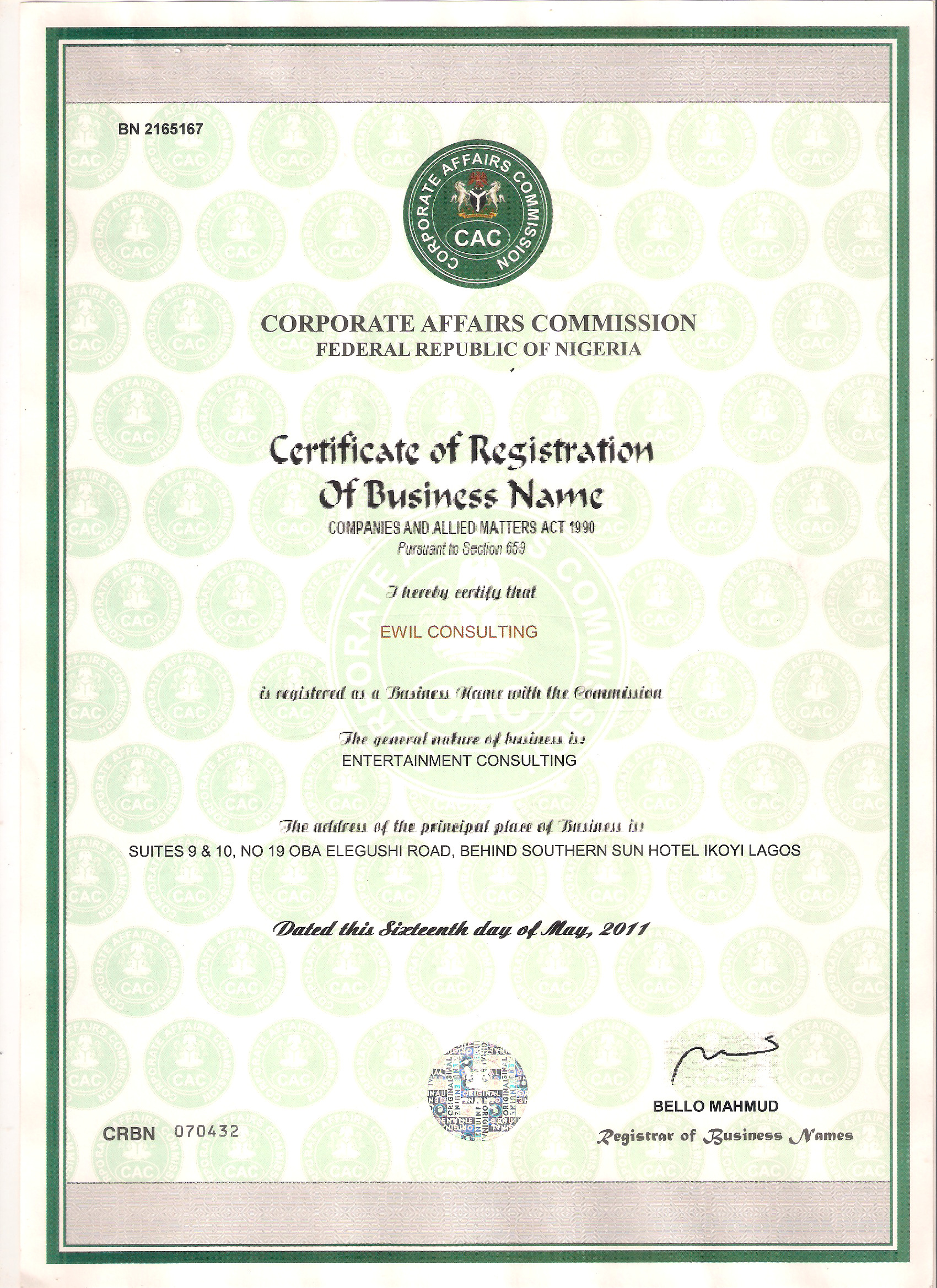 CAC Certificate of Registration of Business Name for EWIL Consulting, BN 2165167, 16 May 2011. Nature of business recorded as Entertainment Consulting; operational use later extended to employment consulting and staff placement.