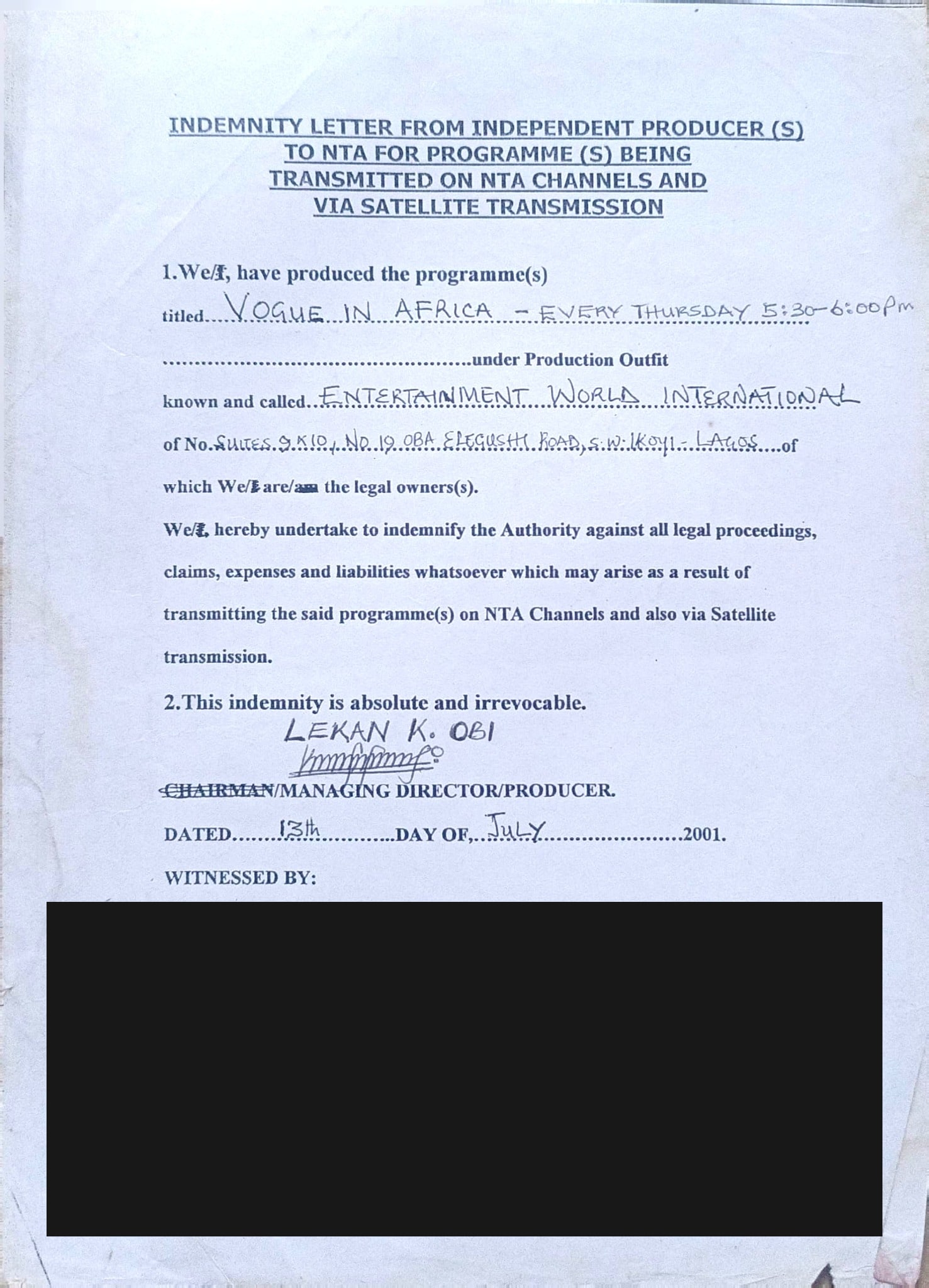 NTA indemnity letter from independent producer(s) for Vogue in Africa, associated with the Thursday 5:30–6:00 p.m. schedule, 13 July 2001. Third-party witness particulars redacted for publication.